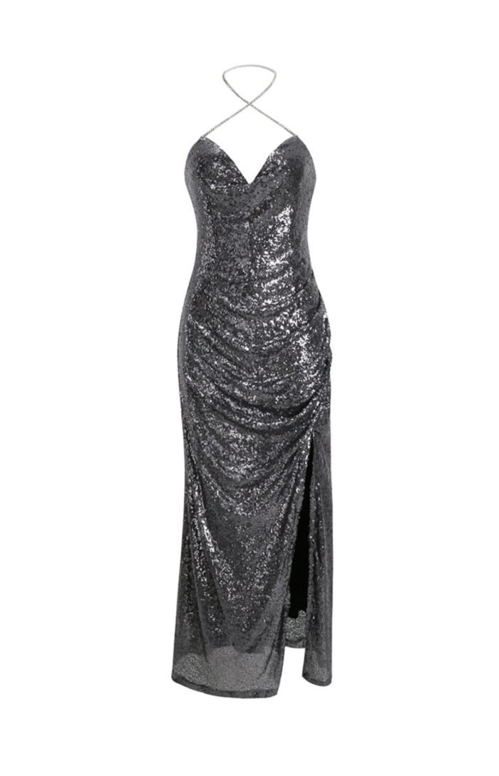 Afra Diamanté Halterneck Midi Sequins Dress - Image 5