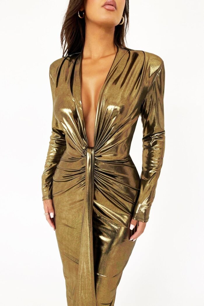 Ailiyah Metallic V-neck Slit Midi Dress - Image 4