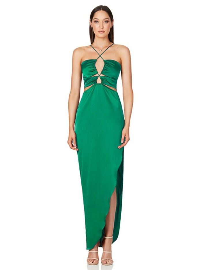 Alva Cross Halter Neck Satin Maxi Dress - Image 1