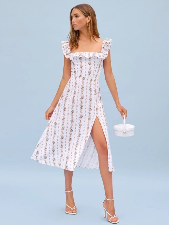 Alyss Printed Ruffle Strap Slit Midi Dress - Image 1