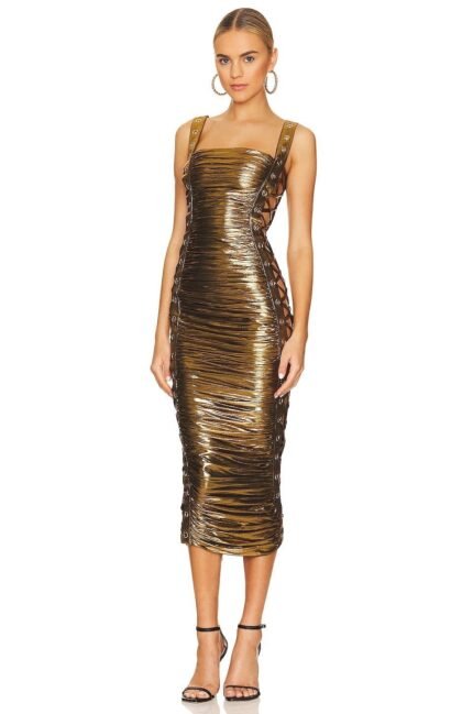 Alyssa Metallic Drawstring Gathered Midi Dress