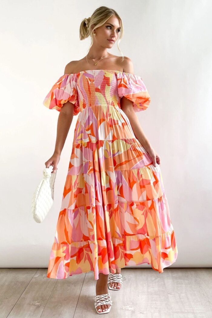 Andrea Printed Off-shoulder Puff Sleeve Tiered Maxi Dress - Image 1