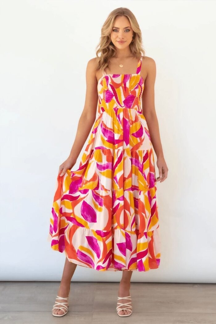Andrea Printed Shirred Bodice Tiered Maxi Sundress - Image 1
