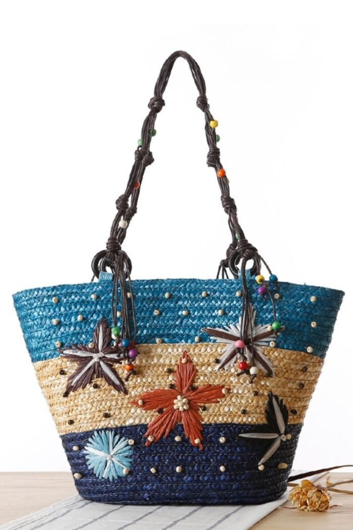Arora Embroidered Seastar Weave Straw Tote Bag - Image 1