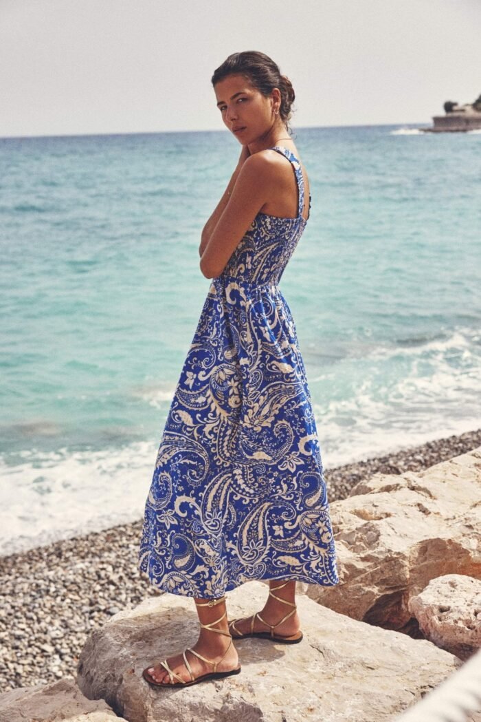 Aurelian Shirred Bodice Strap Flare Midi Dress - Image 1