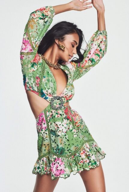 Beverly Printed Embroidered Lace Cut-out Mini Dress