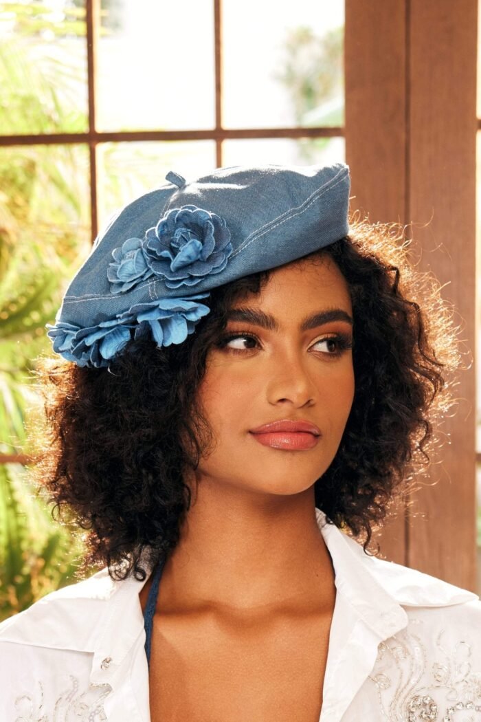 Camellia Denim Beret Hat - Image 1