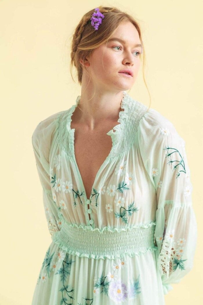 Cecilia Embroidered V-neck Shirred Maxi Dress - Image 2