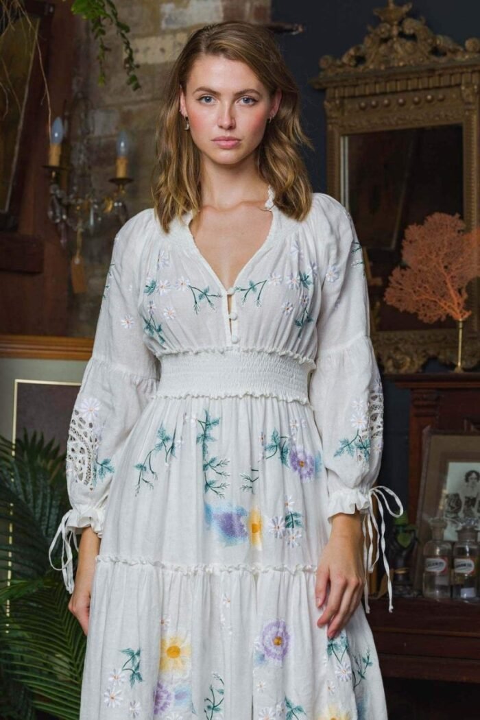 Cecilia Embroidered V-neck Shirred Maxi Dress - Image 9