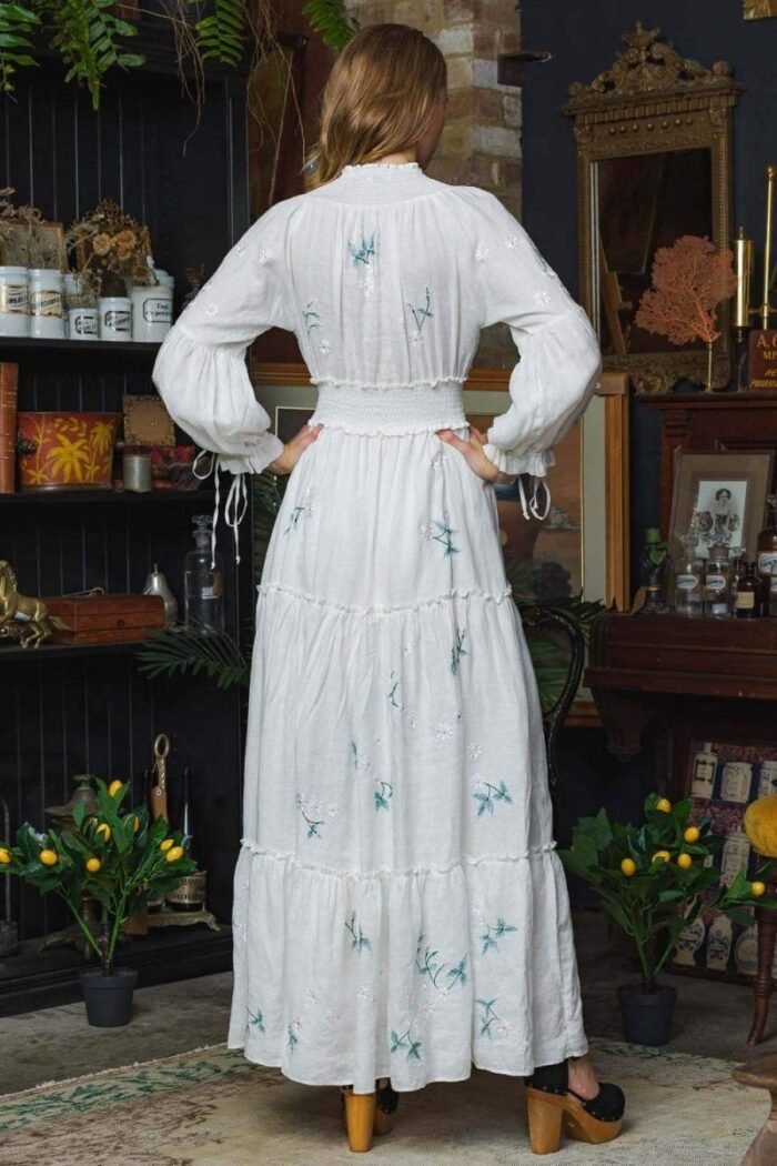 Cecilia Embroidered V-neck Shirred Maxi Dress - Image 8