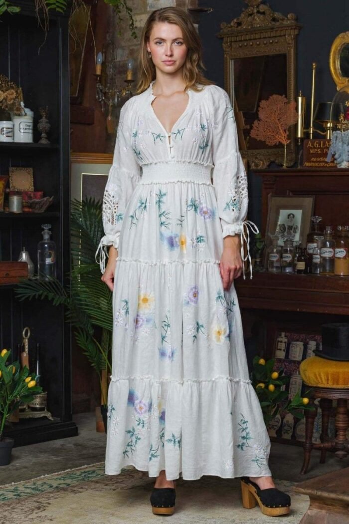 Cecilia Embroidered V-neck Shirred Maxi Dress - Image 6