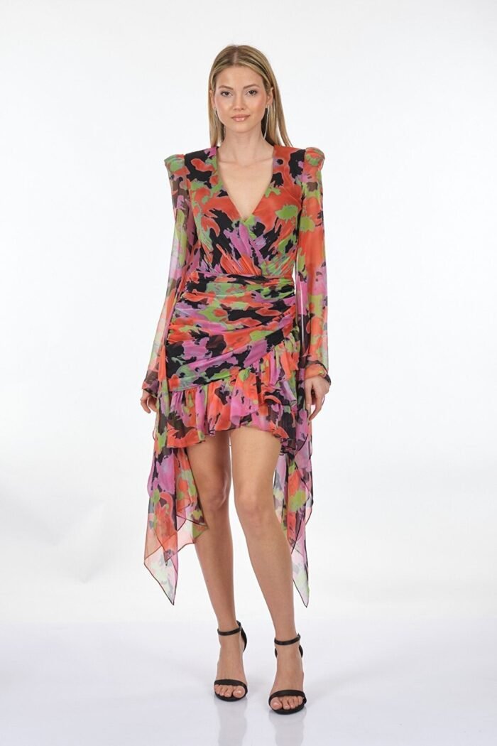 Debby Printed Flare Sleeves Mini Chiffon Dress - Image 2
