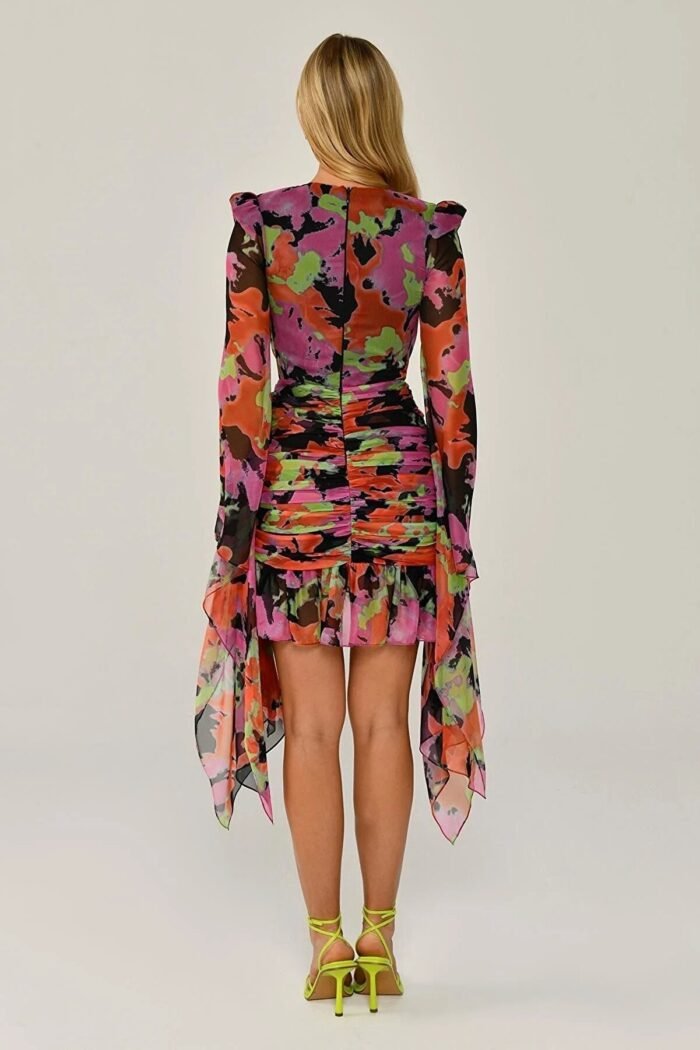 Debby Printed Flare Sleeves Mini Chiffon Dress - Image 6