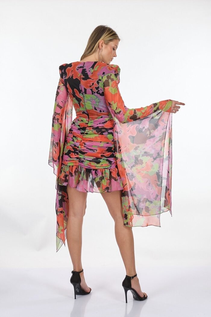 Debby Printed Flare Sleeves Mini Chiffon Dress - Image 3