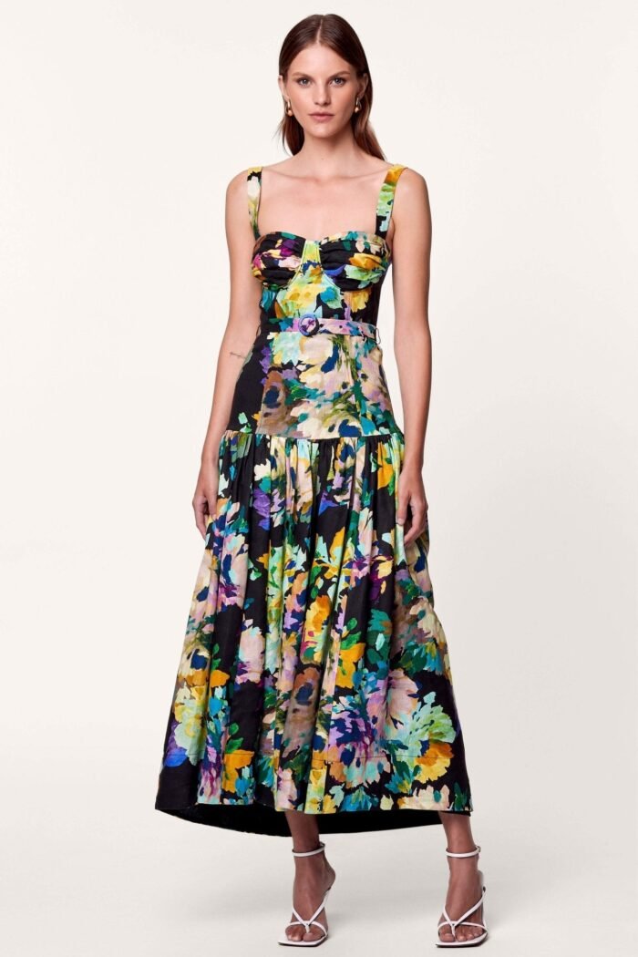 Delia Printed Belted Flare Maxi Dress - Image 1