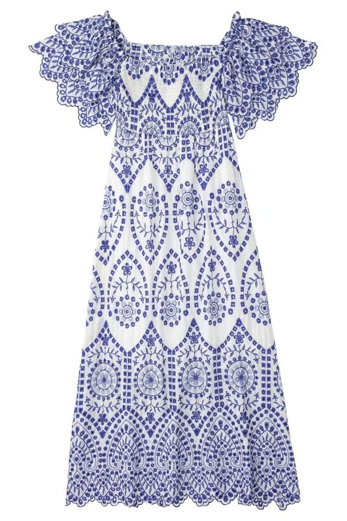 Della Embroidery Lace Ruffle Shirred Midi Dress - Image 4