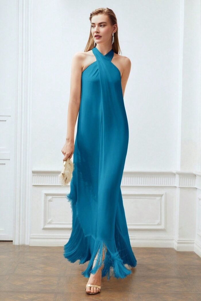 Dolores Cross Halter Neck Tassel Maxi Dress - Image 6
