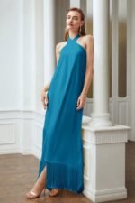 Dolores Cross Halter Neck Tassel Maxi Dress - Image 2