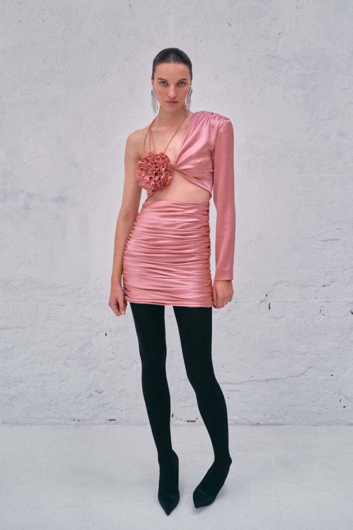 Dolores Flower Lace-up Gathered Mini Dress - Image 1