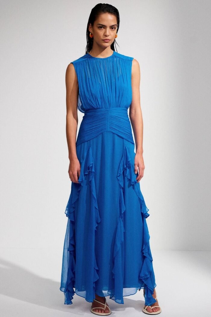 Eileen Pleated Round Neck Ruffle Maxi Dress - Image 1