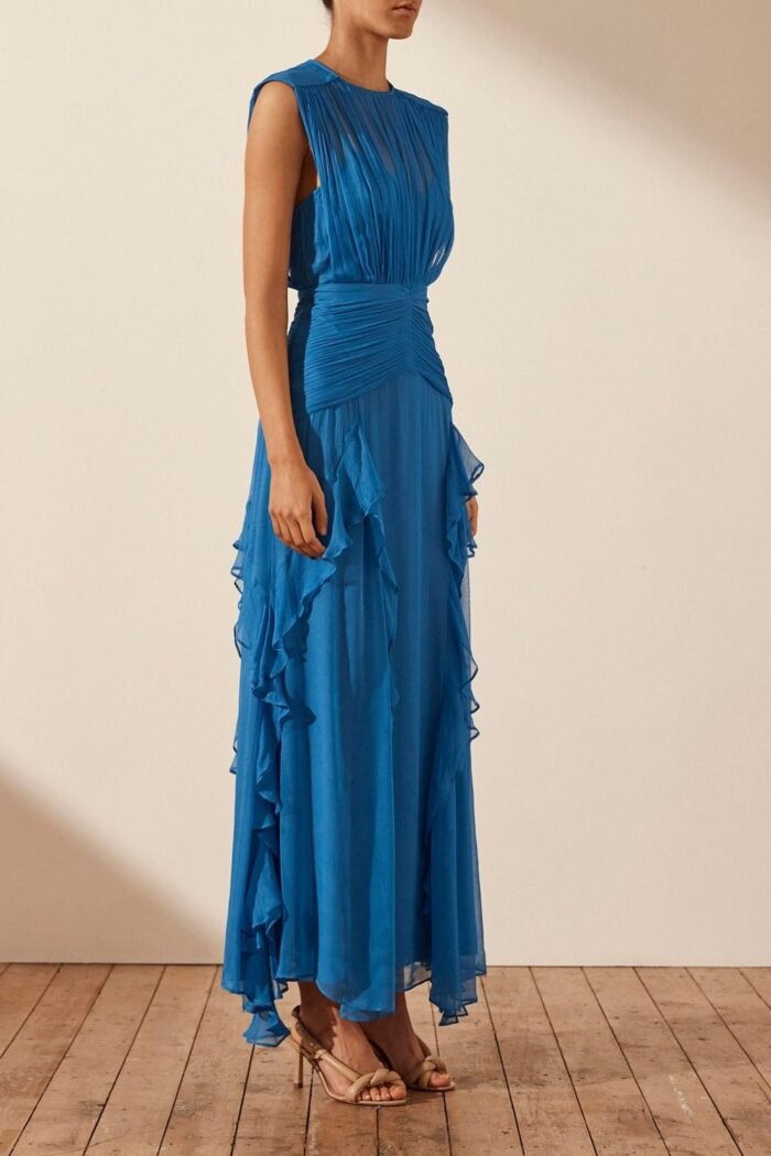 Eileen Pleated Round Neck Ruffle Maxi Dress - Image 3