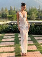 Evelyn Flower Embroidered Mesh Maxi Slip Dress - Image 4