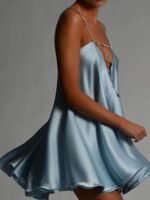 Fanny Metal Chain Satin V-neck Mini Doll Dress - Image 19