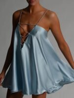 Fanny Metal Chain Satin V-neck Mini Doll Dress - Image 16