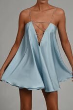 Fanny Metal Chain Satin V-neck Mini Doll Dress - Image 14