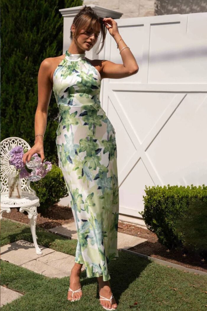 Gill Printed Halterneck Backless Satin Midi Dress - Image 1