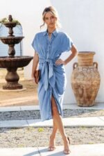 Gina Gathered Knotted Denim Midi Shirt Dress - Image 2