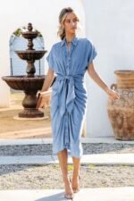 Gina Gathered Knotted Denim Midi Shirt Dress - Image 3