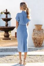 Gina Gathered Knotted Denim Midi Shirt Dress - Image 4