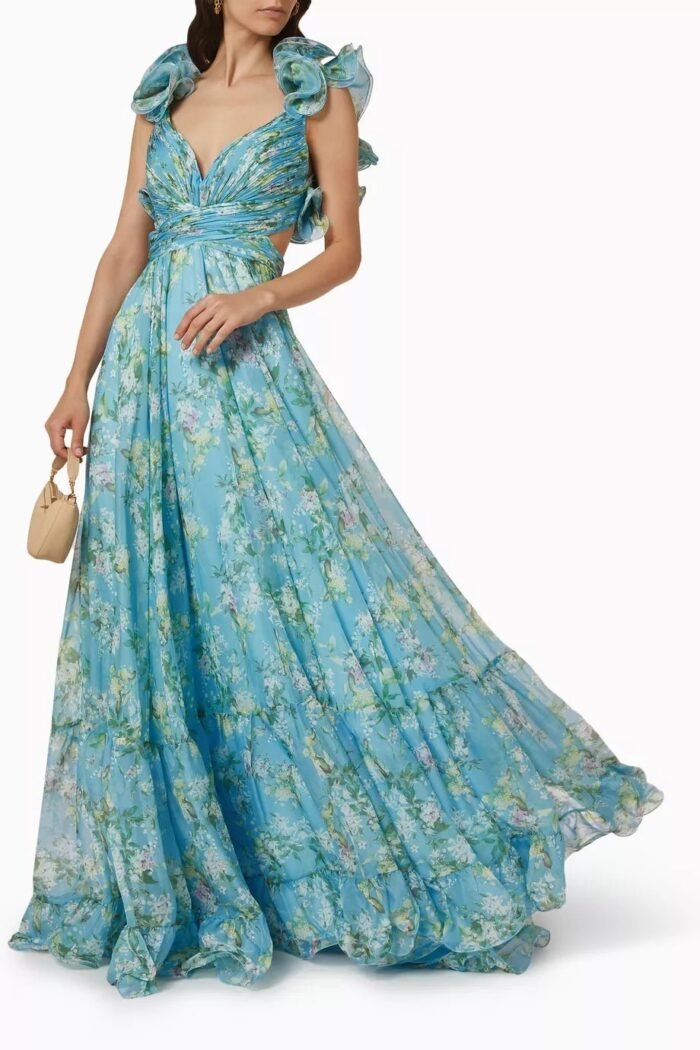 Ginny Printed Ruffle Lace Up Chiffon Maxi Dress - Image 1