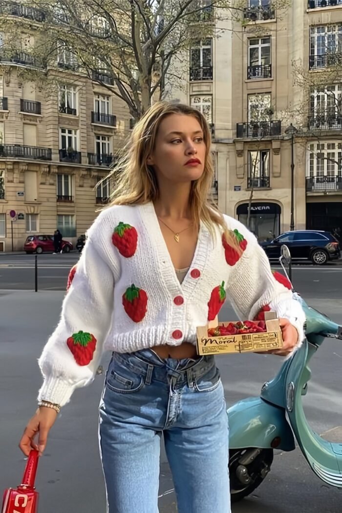 Hanna Strawberry Knit Sweater Cardigan - Image 1