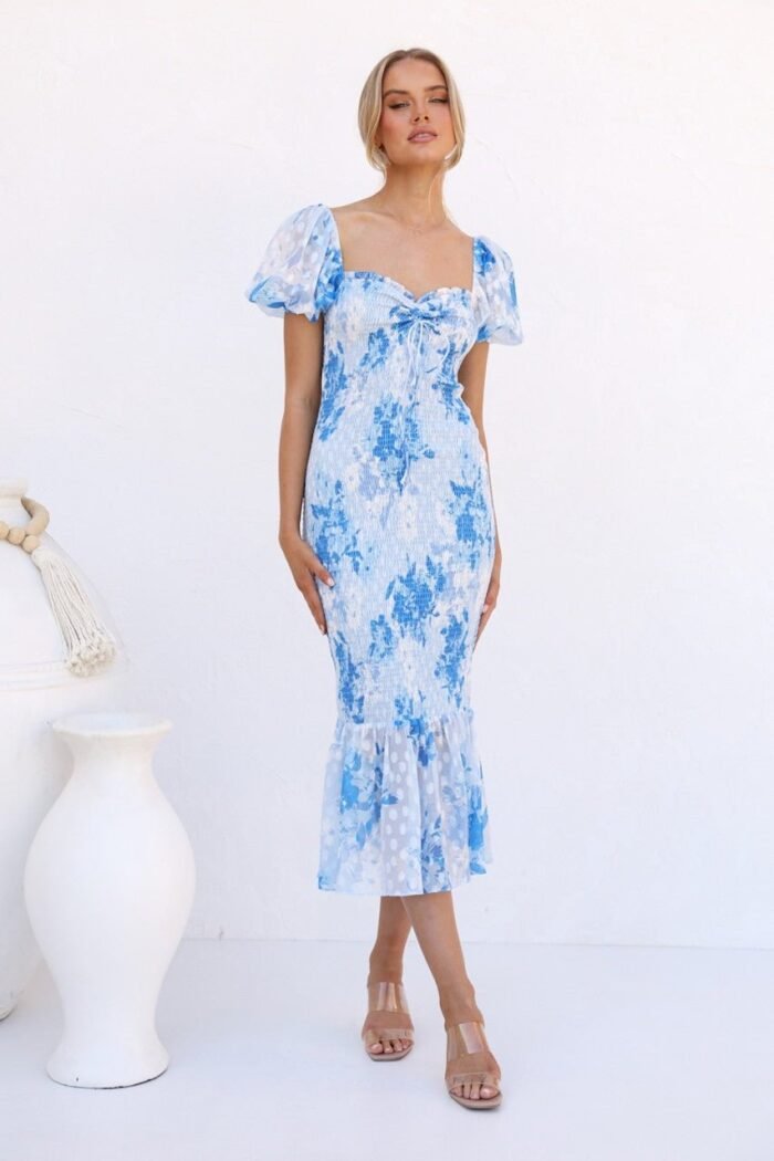 Helen Printed Sweetheart Shirred Midi Mermaid Dress - Image 6