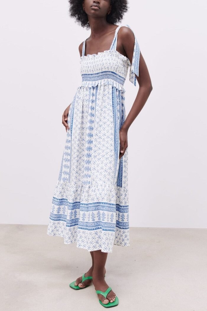 Helga Printed Shirred Strap Midi Dress - Image 1