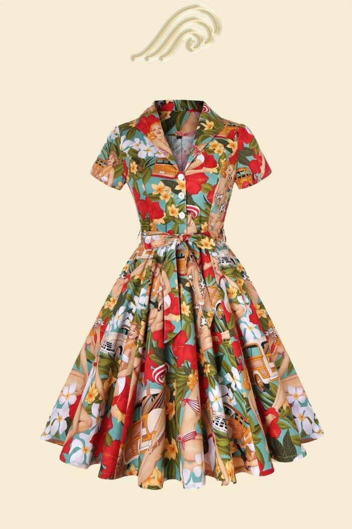 Helma Retro Printed Belted Cotton Shirt Midi Dress - Image 1