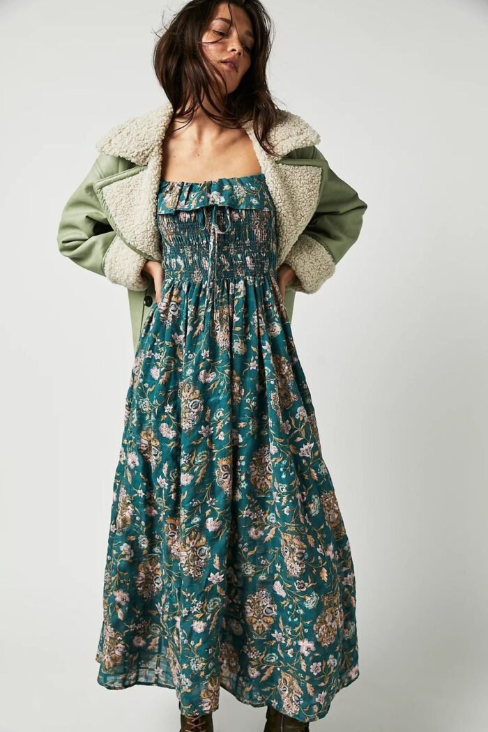 Iris Printed Shirred Bodice Ruffle Midi Dress - Image 9