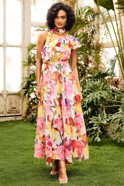 Jacqueline One Shoulder Floral Printed Maxi Dress