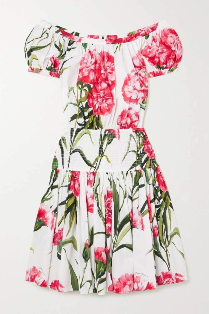 Jemima Printed Off-shoulder Shirred Mini Dress - Image 3