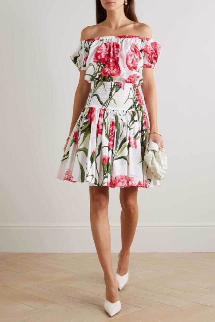 Jemima Printed Off-shoulder Shirred Mini Dress - Image 1