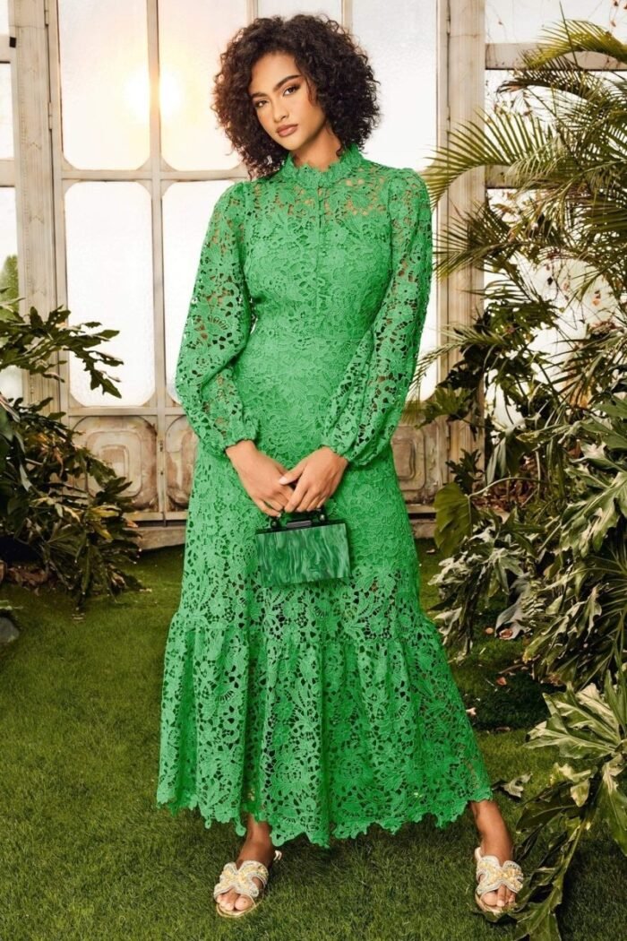 Joa Embroidered Lace Trimmed Flare Maxi Dress - Image 1
