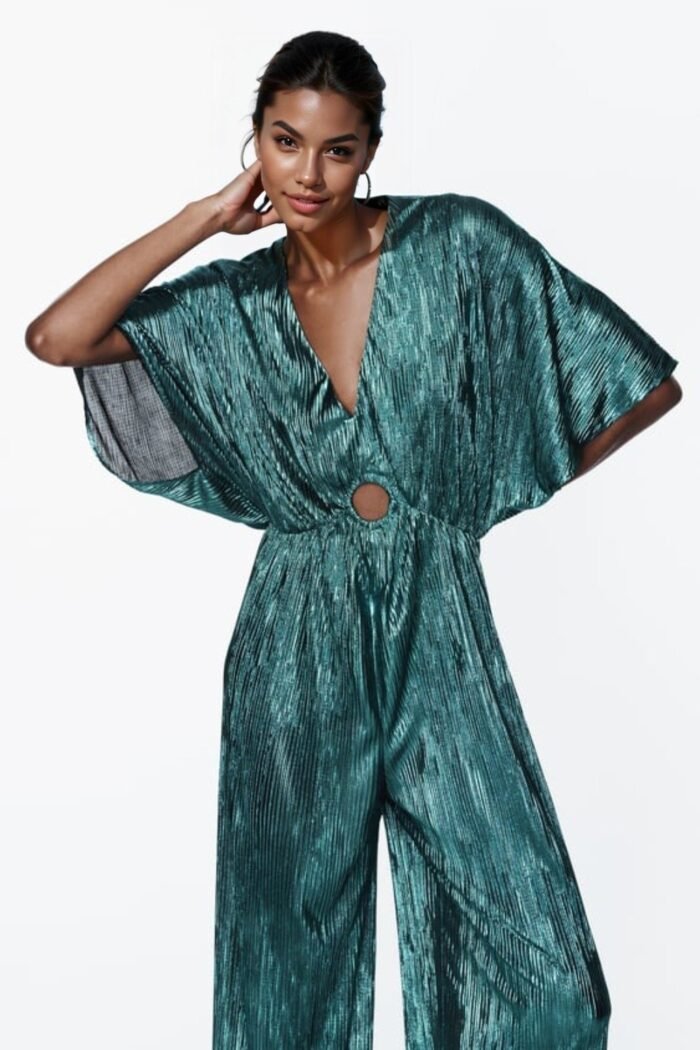Jocelyn V-neck Metallic Plisse Jumpsuit - Image 4