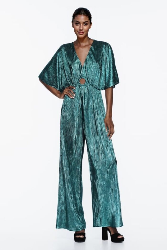 Jocelyn V-neck Metallic Plisse Jumpsuit - Image 1