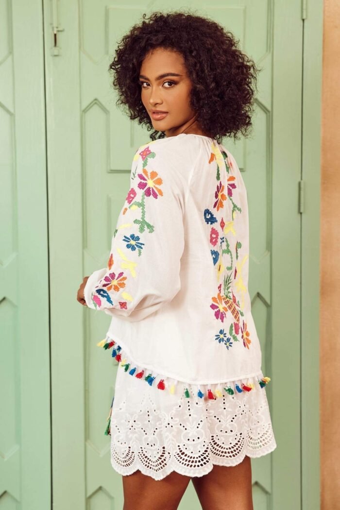 Kyndall Embroidered Floral Tassel Blouse - Image 4