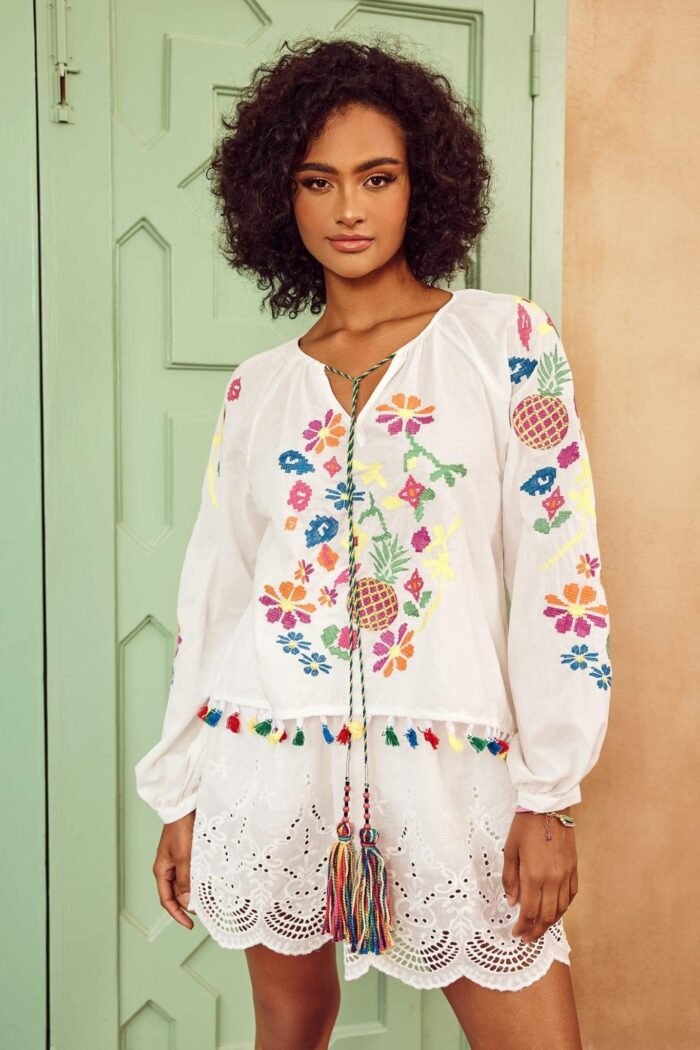Kyndall Embroidered Floral Tassel Blouse - Image 1