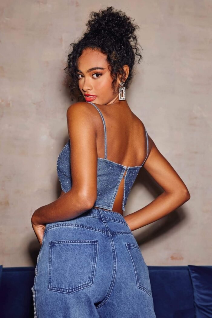 Lena Diamante Denim Crop Top - Image 2