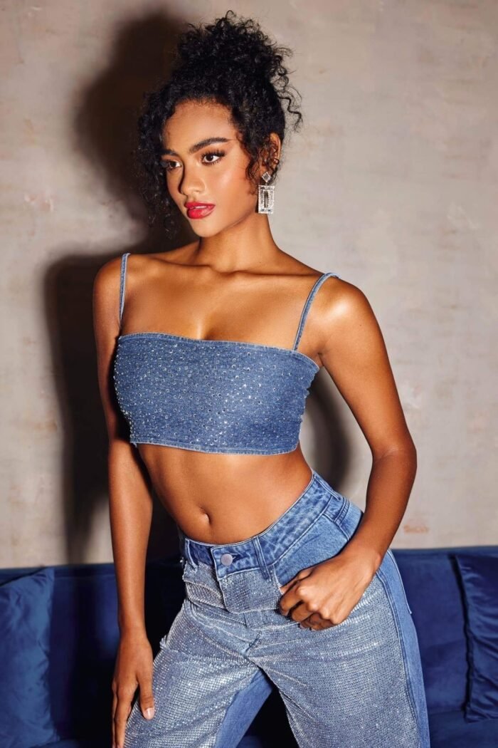 Lena Diamante Denim Crop Top - Image 3