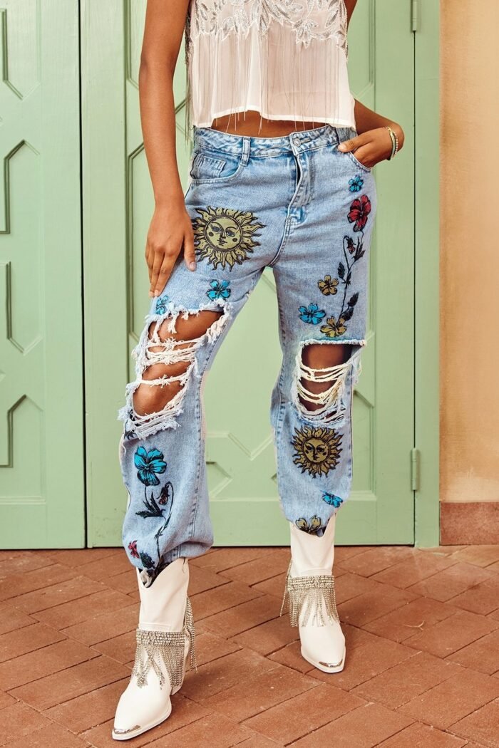 Liza Floral & Sun Printed Ripped Jeans - Image 1